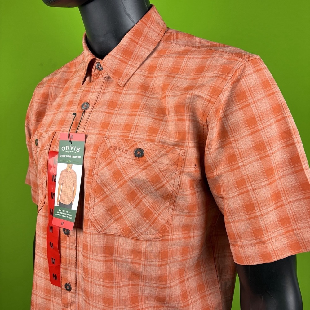 ORVIS Performance Vented Fishing Shirt Mens M Orange Windowpane Plaid UPF 30+ SS